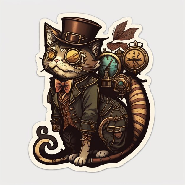 Há um gato com um chapéu steampunk e um relógio generativo ai