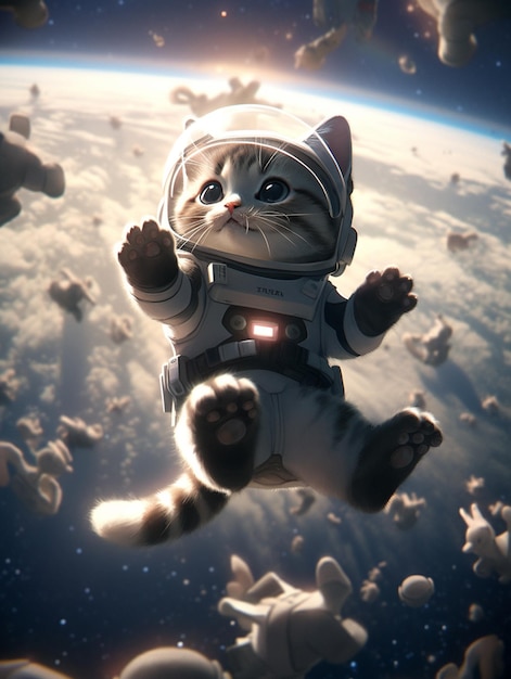 Foto há um gato num fato espacial a flutuar no ar.