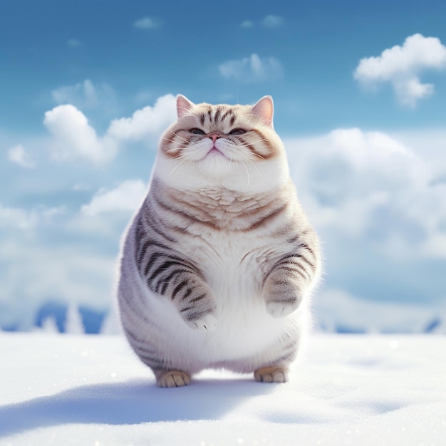 Há um gato parado nas patas traseiras na neve generativa ai