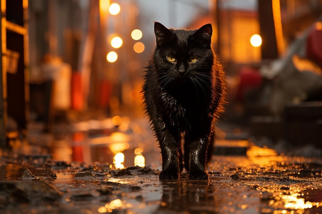 Há um gato preto andando por uma rua molhada à noite generativa ai