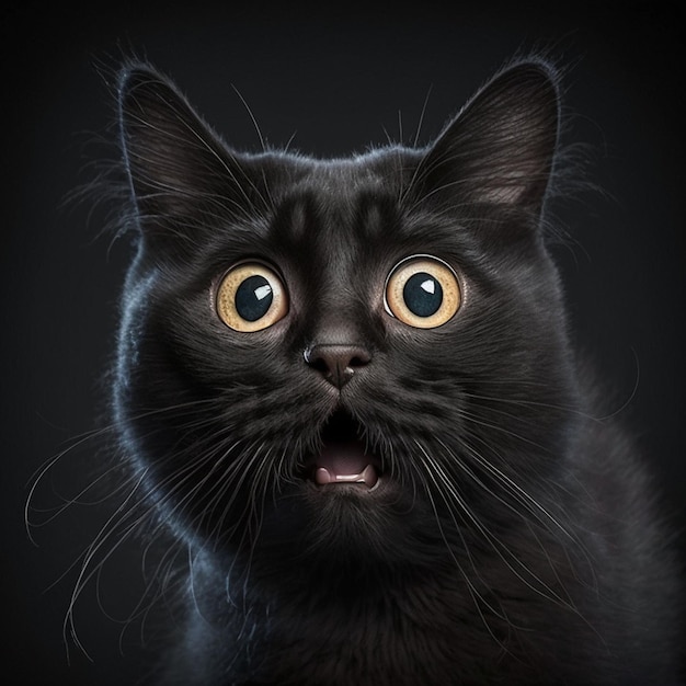 Há um gato preto com olhos amarelos e um fundo generativo preto