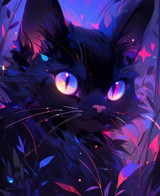Há um gato preto com olhos brilhantes sentado na grama generativa ai