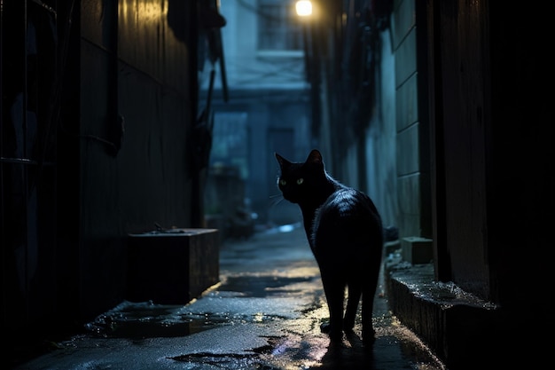 Há um gato preto parado em um beco escuro generativo ai