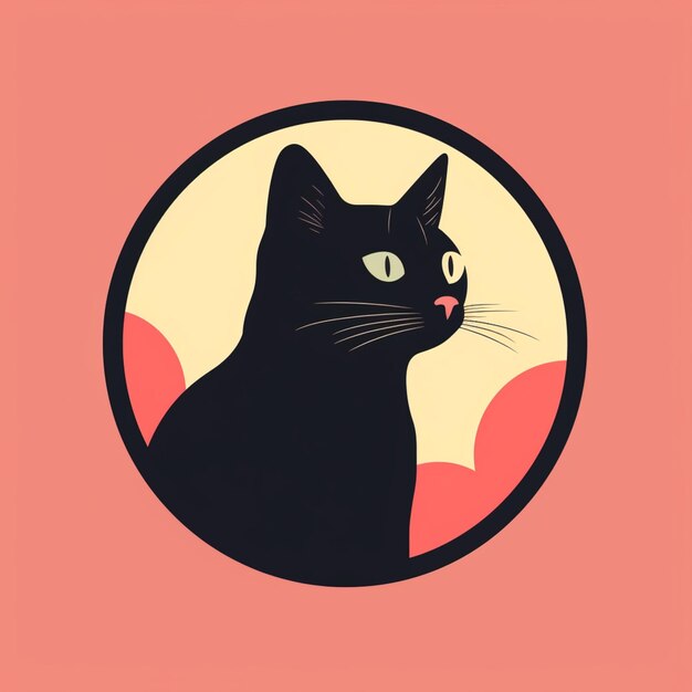 há um gato preto sentado em um círculo em um fundo rosa generativo ai