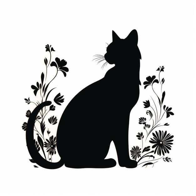 há um gato preto sentado em um jardim de flores generativo ai