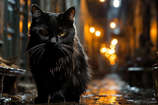 Há um gato preto sentado em uma calçada no escuro generativo ai