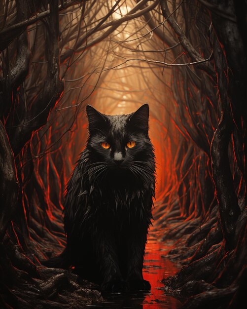 há um gato preto sentado em uma floresta escura com luz vermelha generativa ai