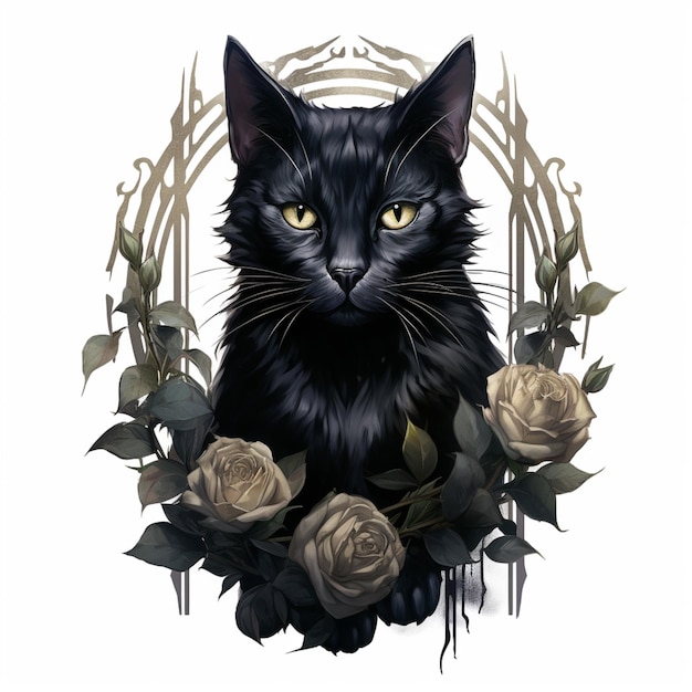 Há um gato preto sentado em uma moldura floral com rosas generativas ai