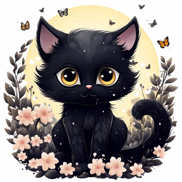 Há um gato preto sentado na grama com flores generativas ai