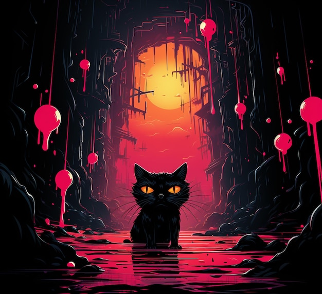 Há um gato preto sentado numa caverna escura com sangue a gotejar pelas paredes.