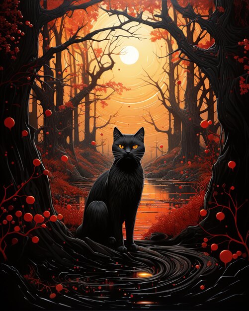 Há um gato preto sentado numa floresta com um pôr-do-sol generativo ai