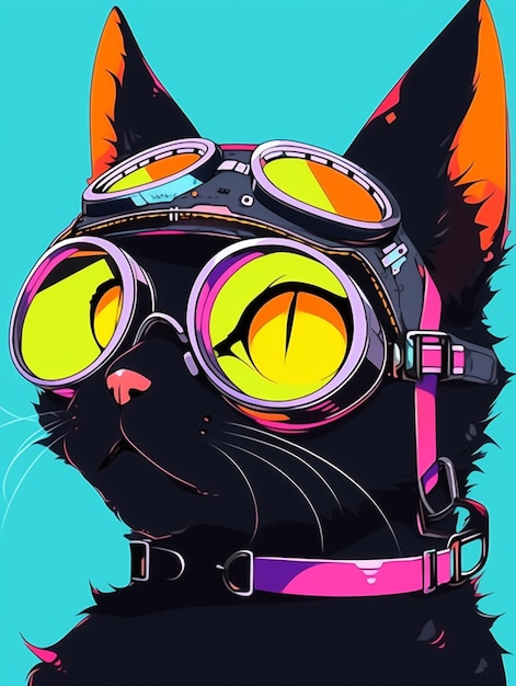 Há um gato preto usando óculos de proteção e um colarinho rosa generativo ai