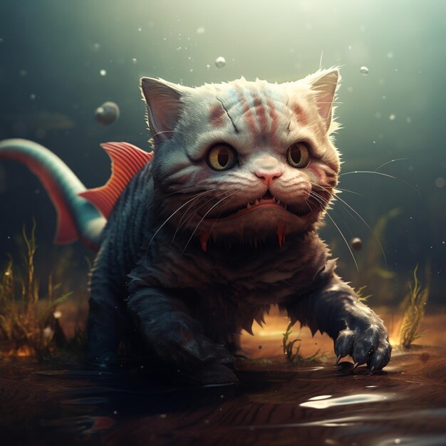Há um gato que está andando na água com um peixe nas costas.