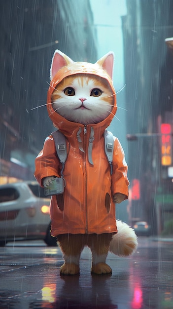 Há um gato que está de pé na chuva com uma mochila generativa.