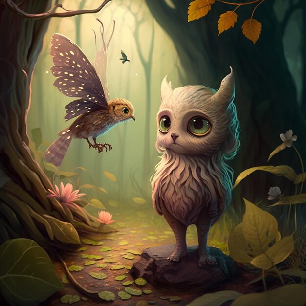 Há um gato que está de pé na floresta com um pássaro generativo ai