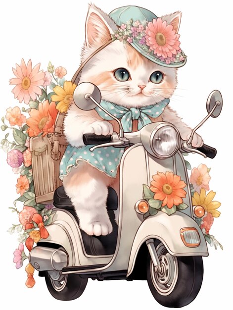 há um gato que está montando uma scooter com flores generativa ai