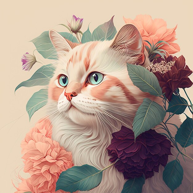 Foto há um gato que está sentado em um arranjo de flores generativo ai