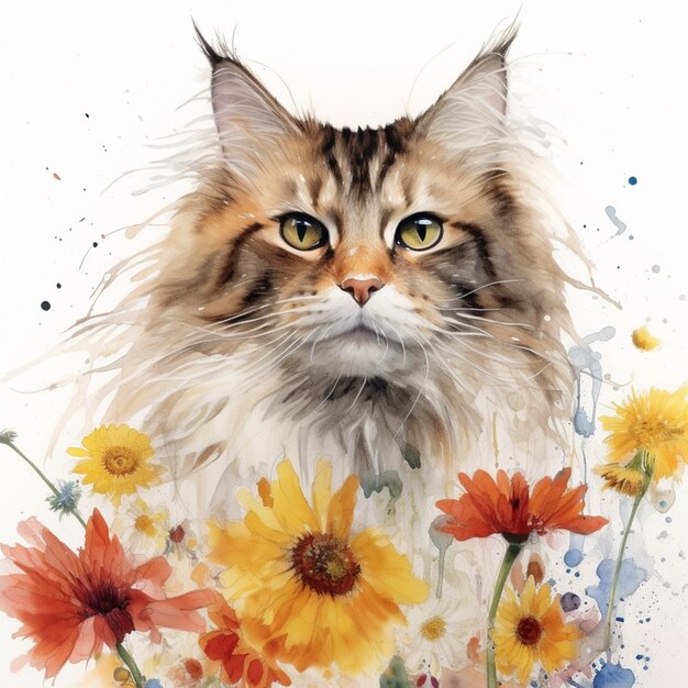 Há um gato que está sentado em um campo florido generativo ai