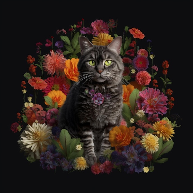 há um gato que está sentado em um círculo florido generativo ai