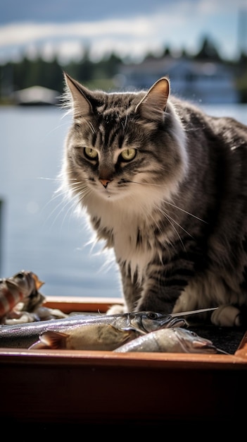 Há um gato que está sentado em uma mesa com ai generativa de peixe