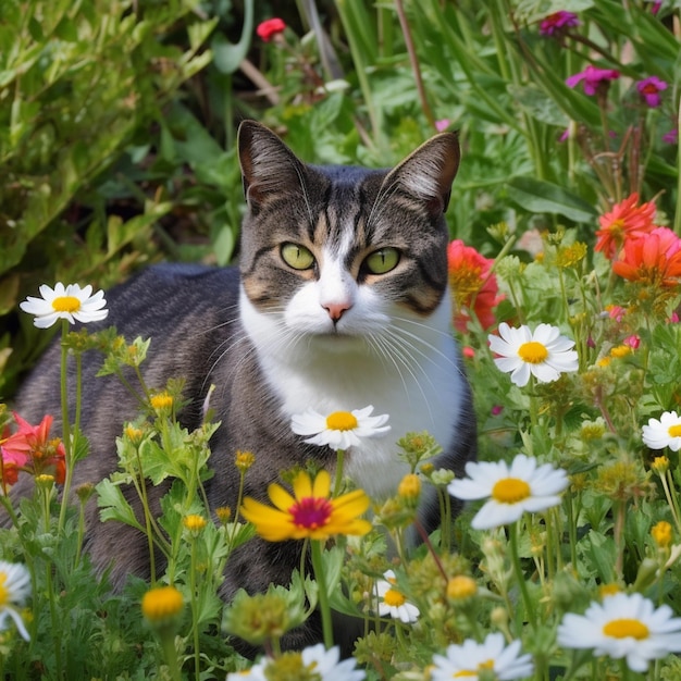 Há um gato que está sentado na grama com flores generativas ai