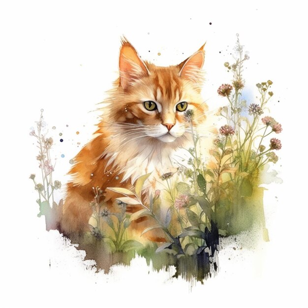 Há um gato que está sentado na grama com flores generativas ai