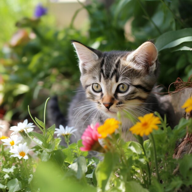 Há um gato que está sentado nas flores generativo ai