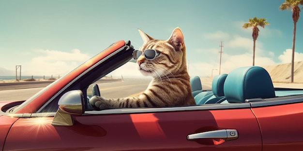 Há um gato que está sentado no banco do motorista de um carro generativo ai