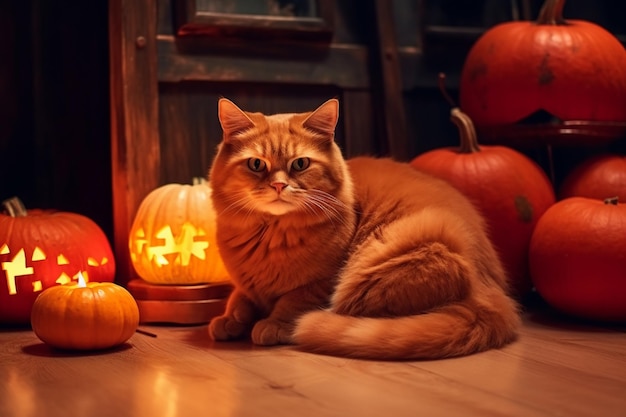 Há um gato que está sentado no chão ao lado de abóboras generativo ai