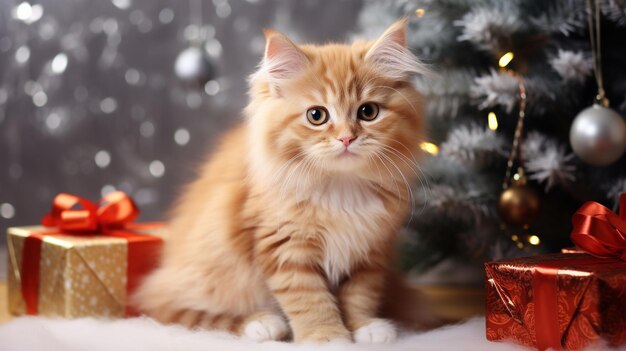 Há um gato sentado ao lado de uma árvore de Natal com presentes.