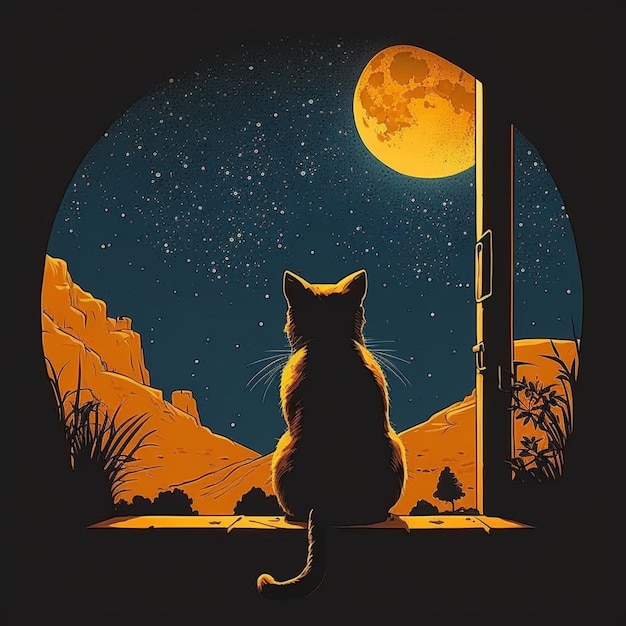 Há um gato sentado em frente a uma janela olhando para a lua generativa ai