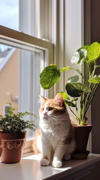 há um gato sentado em um peitoral da janela ao lado de uma planta em vaso generativa ai