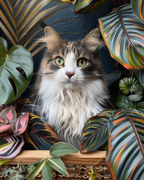 Foto há um gato sentado em um pote de plantas com muitas plantas generativas ai