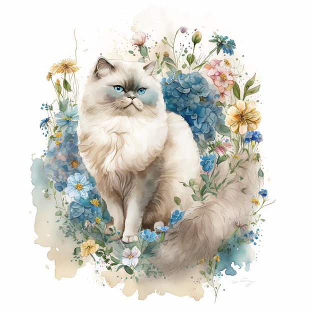 Há um gato sentado em um quadro florido com olhos azuis generative ai