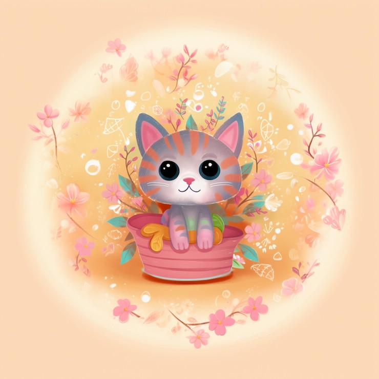 Foto há um gato sentado em um vaso de flores com flores generativas ai
