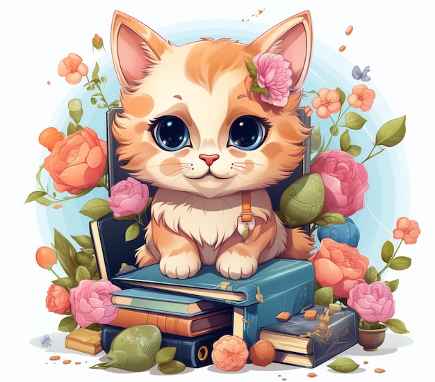 há um gato sentado em uma pilha de livros com flores ai generativa