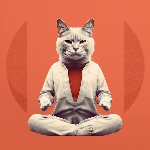 Foto há um gato sentado em uma postura de ioga com um fundo vermelho generativo ai