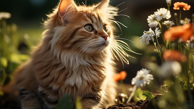 Há um gato sentado na grama.