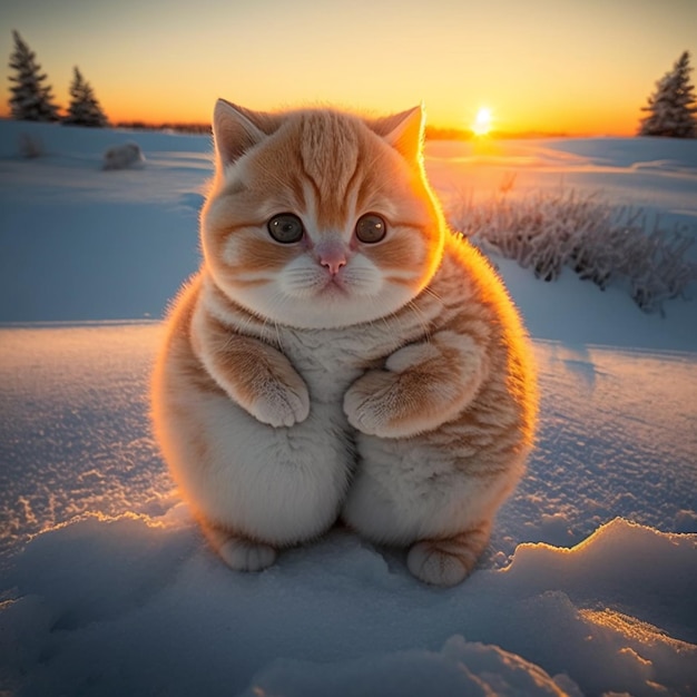 há um gato sentado na neve com o sol se pondo IA generativa