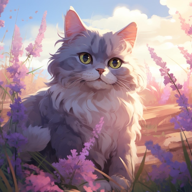 Foto há um gato sentado num campo de flores.
