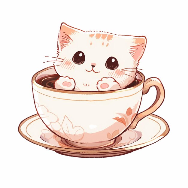 Foto há um gato sentado numa chávena de café num prato generativo.