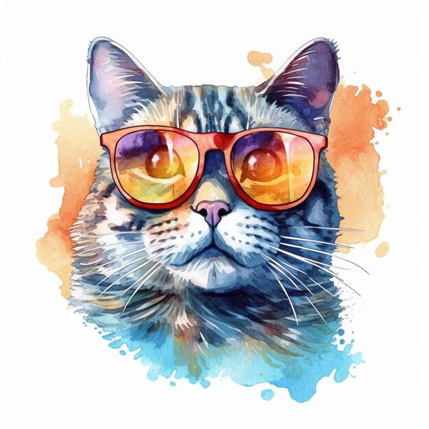 Há um gato usando óculos de sol em um fundo de aquarela generativo ai