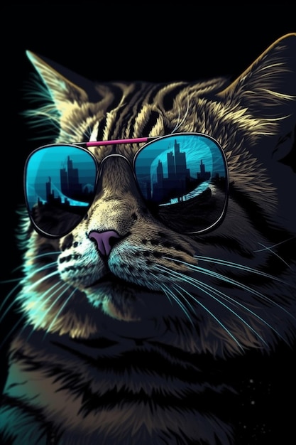 há um gato usando óculos escuros e o horizonte de uma cidade refletido nele, IA generativa