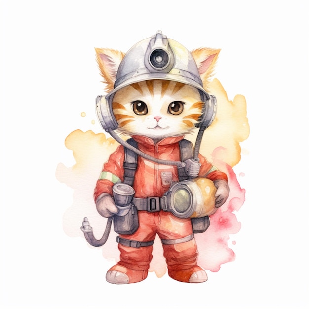 Há um gato vestindo um capacete firemans e segurando uma câmera generativa ai