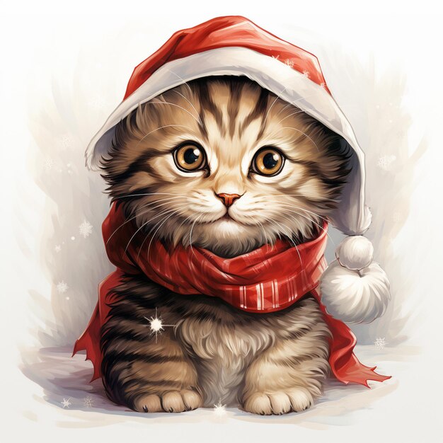 Há um gato vestindo um chapéu de Papai Noel e um lenço generativo ai