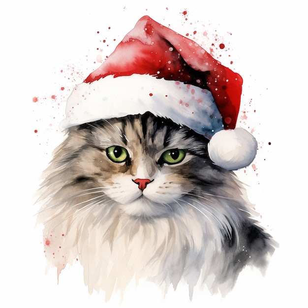 Há um gato vestindo um chapéu de Papai Noel em um fundo branco generativo ai