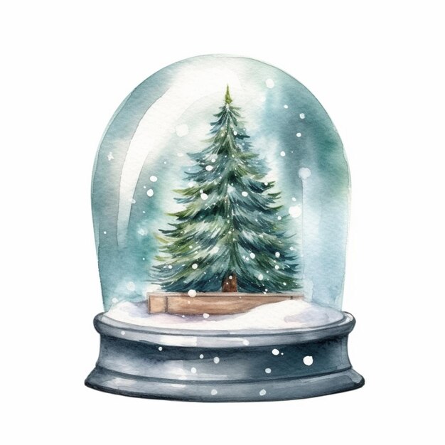 Há um globo de neve com uma árvore de Natal dentro dele.