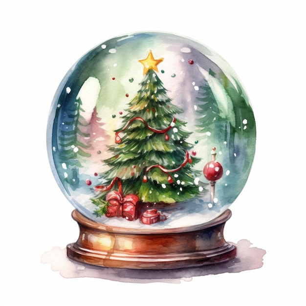 Há um globo de neve com uma árvore de Natal dentro dele.