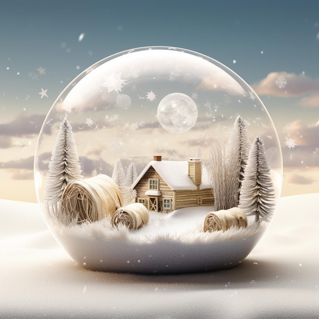 Foto há um globo de neve com uma casa e ovelhas dentro generativo ai