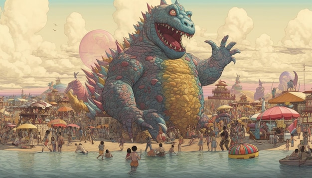 Há um Godzilla gigante de pé na água com pessoas ao redor do AI generativo